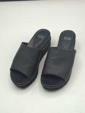 Eileen Fisher Black Leather Open-Toe Platform Slides